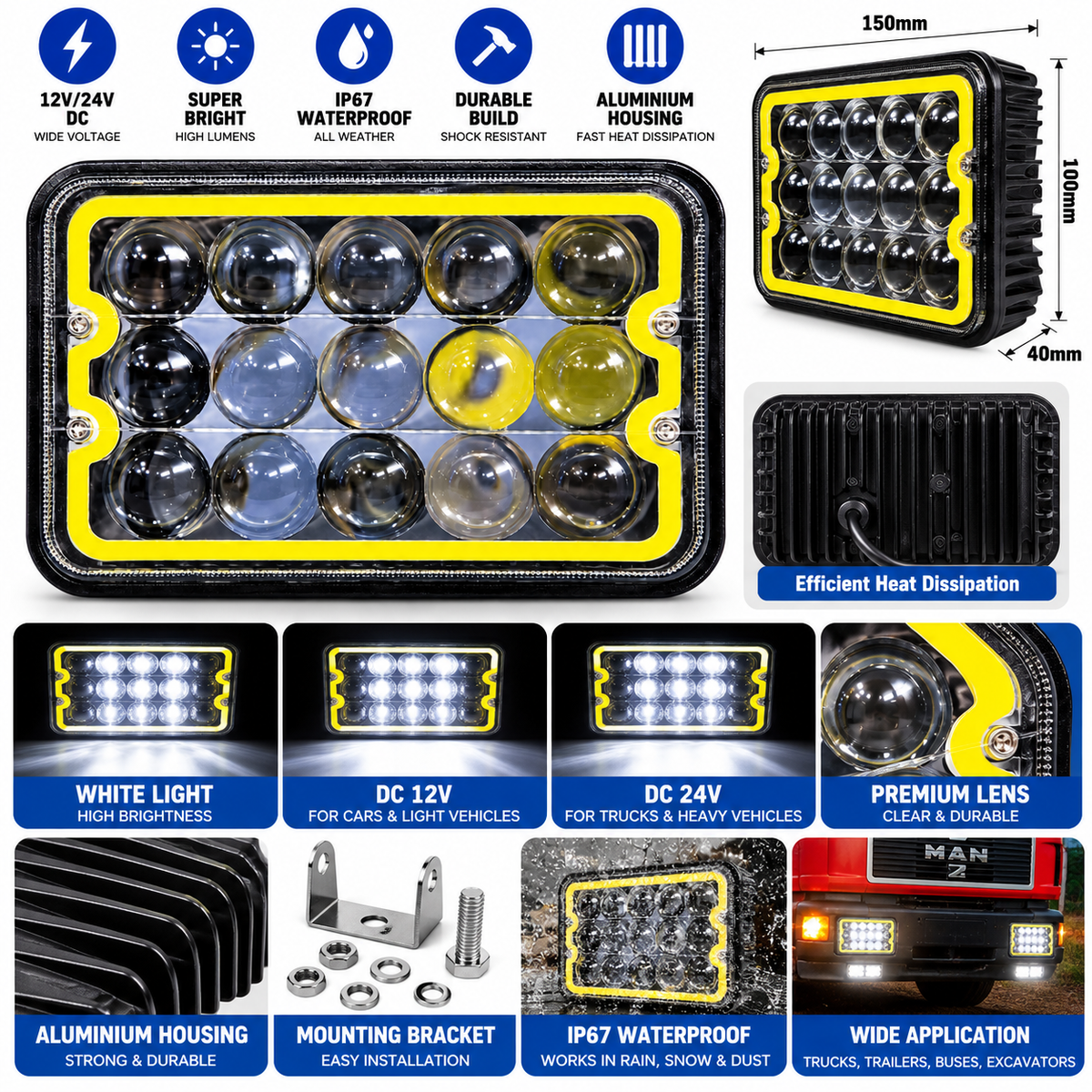 give me this light title 15-Lens Rectangular LED Work Light with Yellow Trim