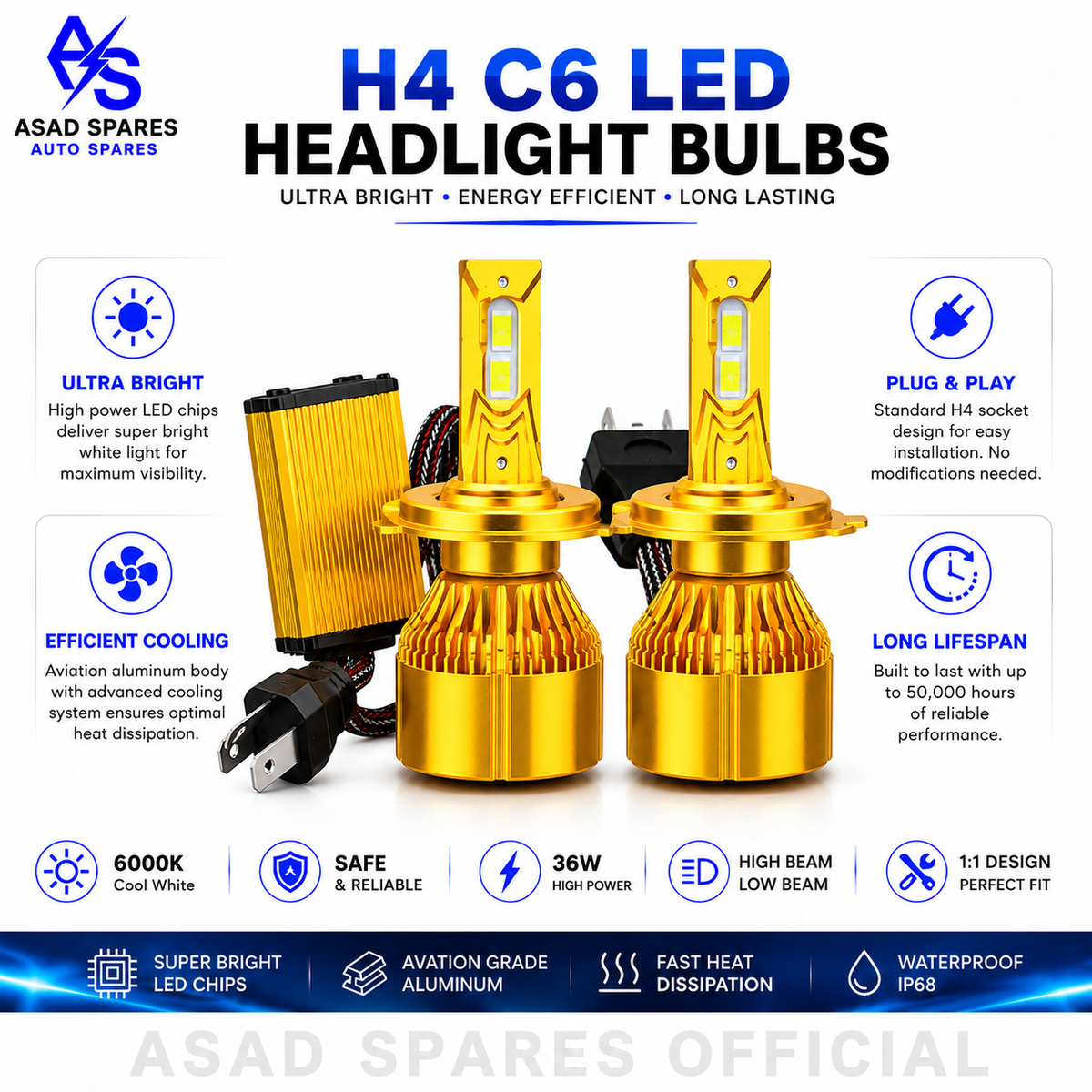 H4 C6 LED Headlight Bulbs