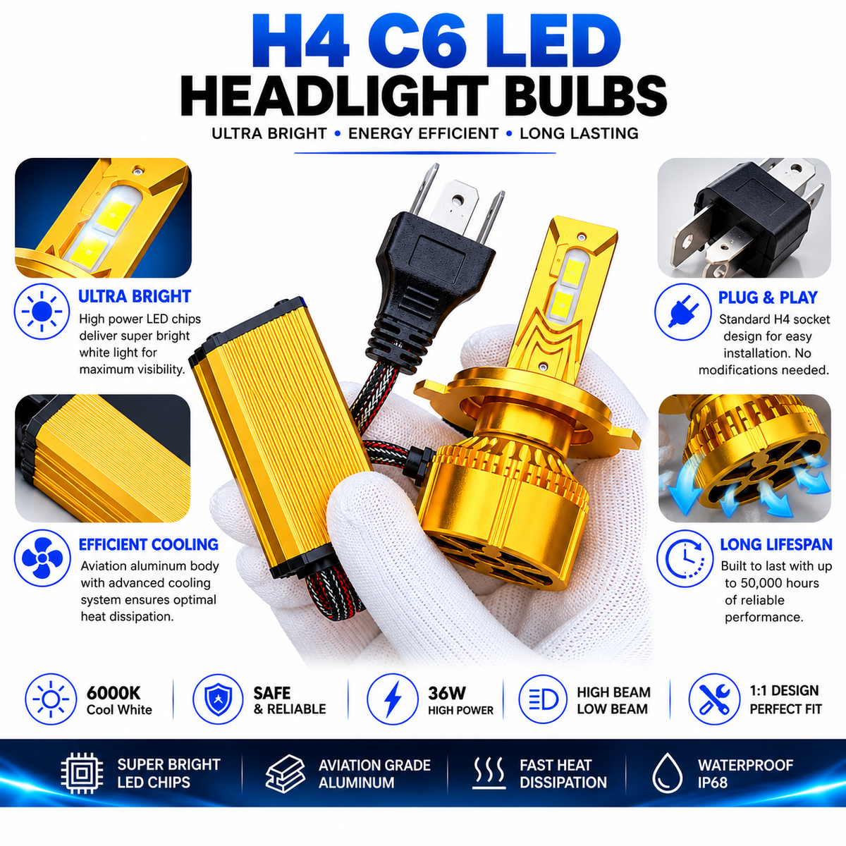 H4 C6 LED Headlight Bulbs