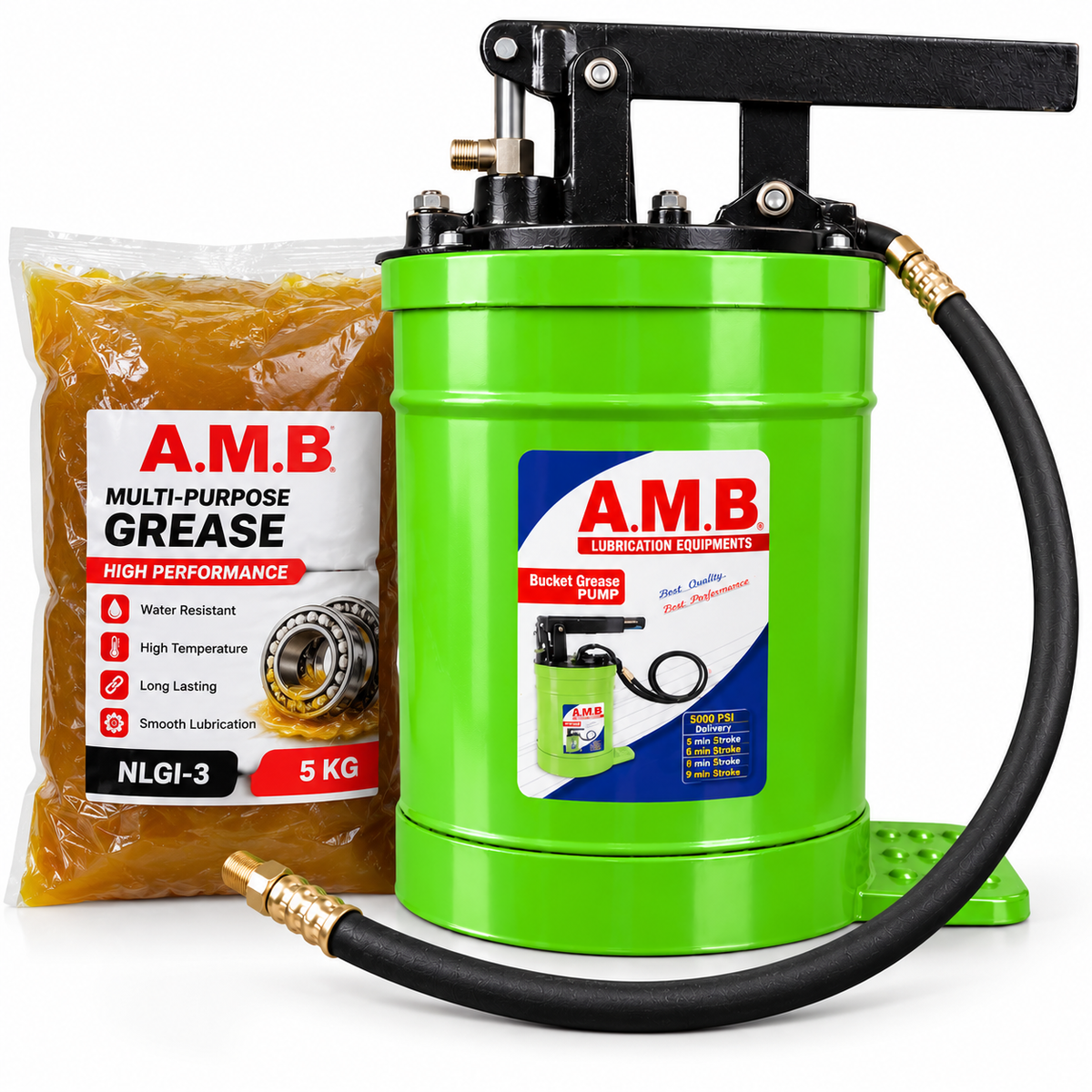 Heavy-Duty Bucket Grease Pump with Flexible Hose & Metal Grease Gun Nozzle
