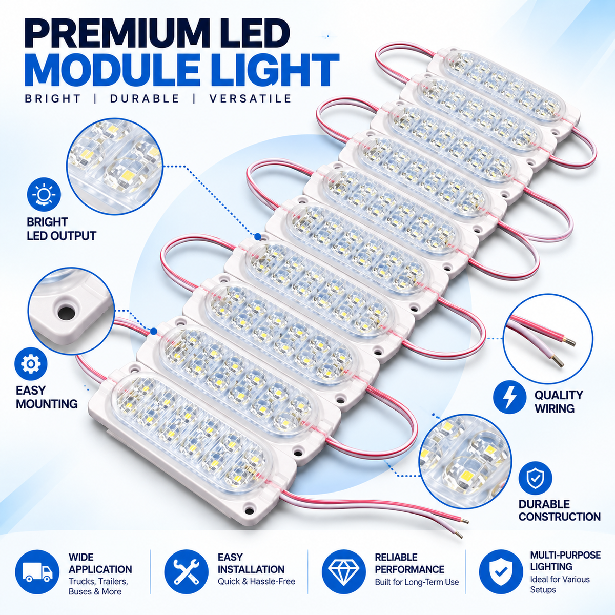 Pack of 10 | 12 LED Injection Module Light Bar | DC12V Multi-Color | Asad Spares