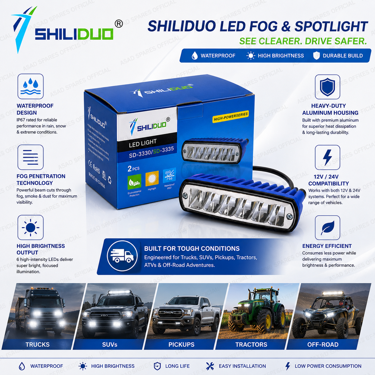 (PAIR) Waterproof LED Fog & Spotlight (12V/24V)