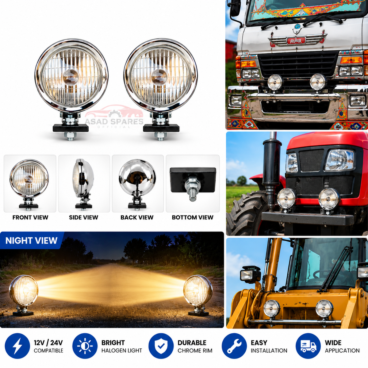 Round Chrome-Rim Halogen Headlight