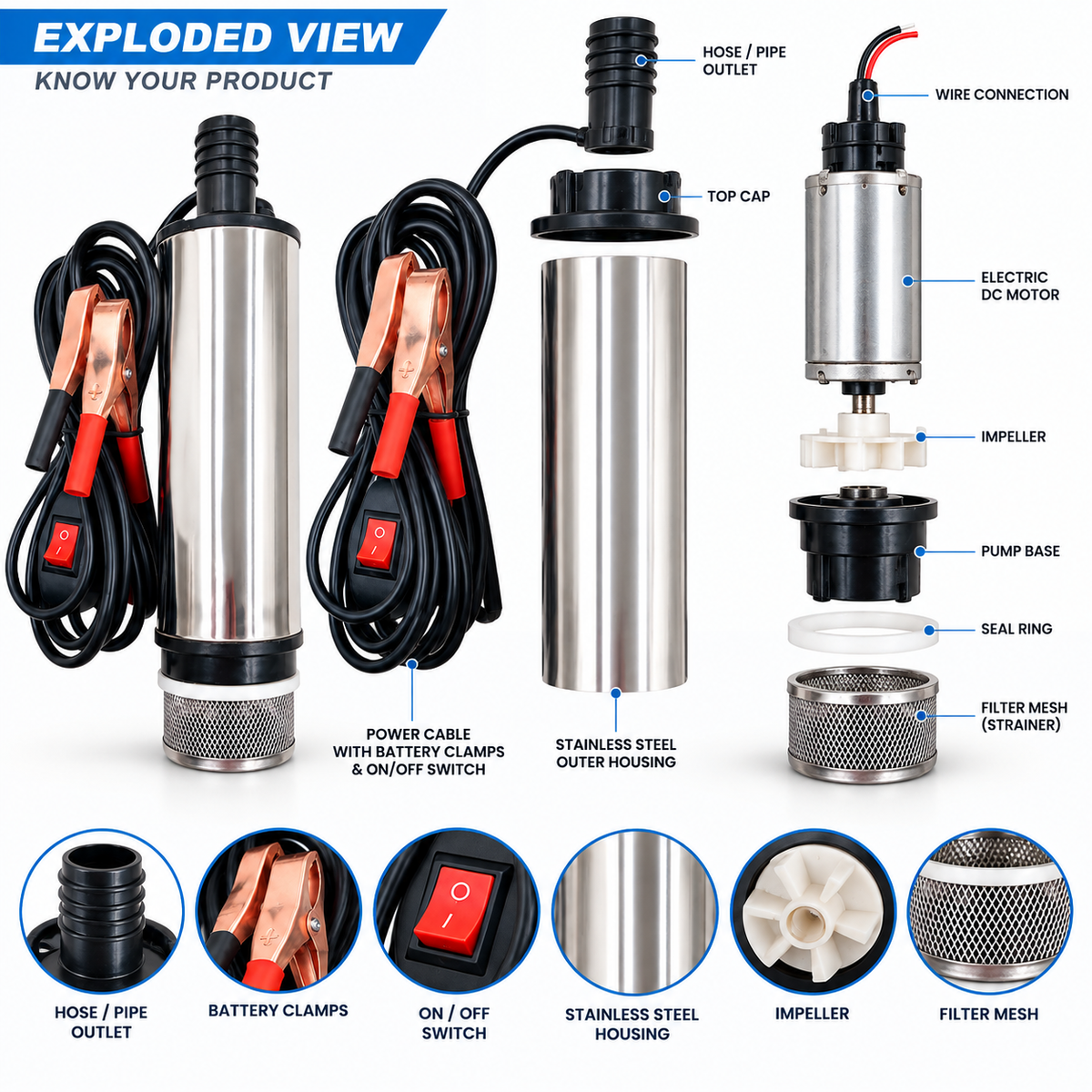 Stainless Steel Electric Oil Pump with Detachable Filter Screen (51MM Battery Clip Micro Water Pump)