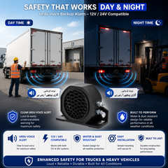 Heavy duty waterproof Urdu voice backup alarm designed for trucks buses trailers and construction vehicles