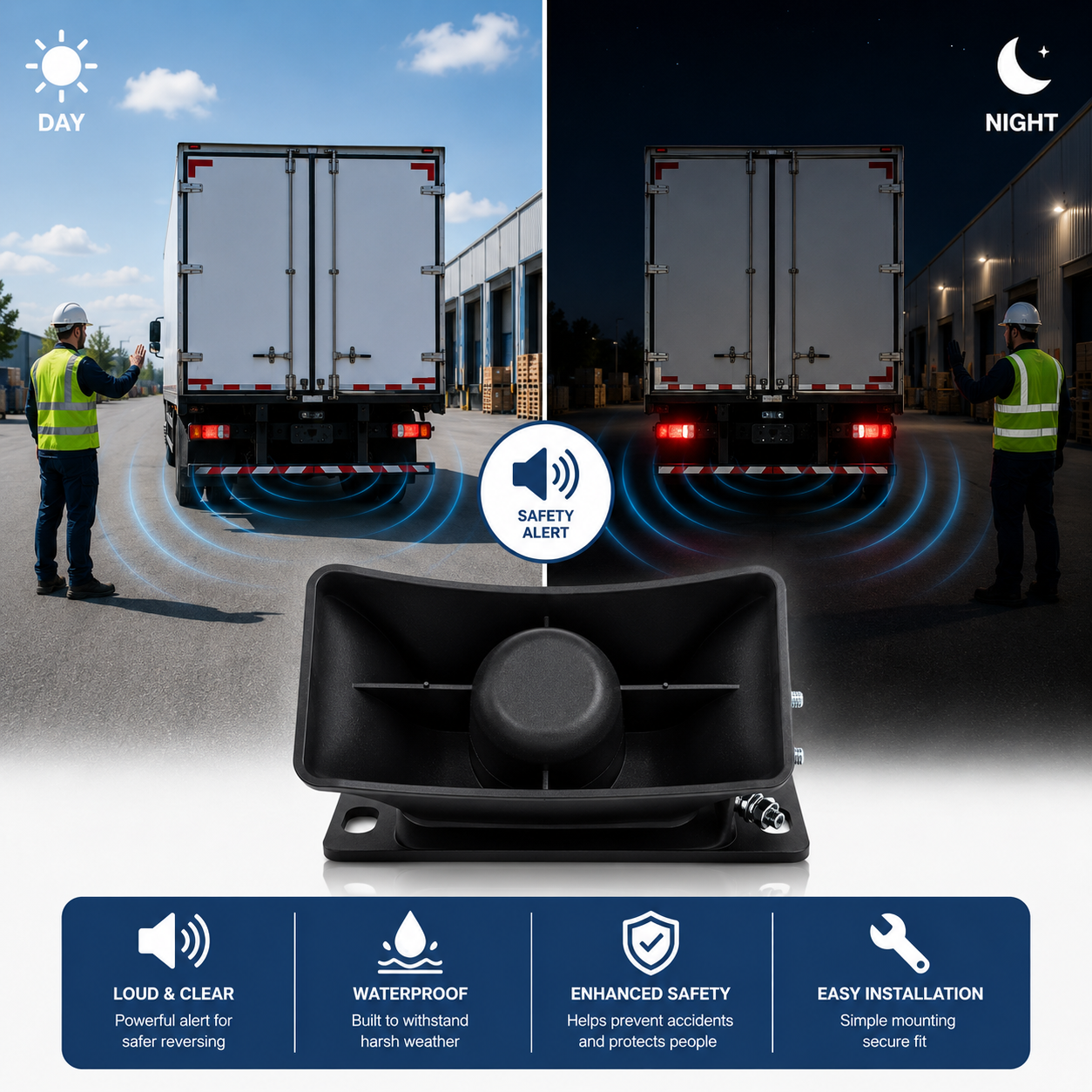: Heavy duty waterproof backup alarm helping prevent reversing accidents in commercial and industrial vehicles