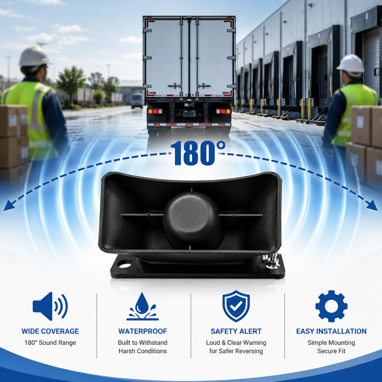 Waterproof reverse alarm designed to withstand rain dust mud and harsh outdoor working conditions